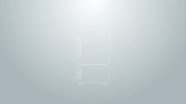 Mavi çizgi buzdolabı simgesi gri arkaplanda izole edildi. Buzdolabı buzdolabı. Ev aletleri ve aletler. 4K Video hareketli grafik canlandırması