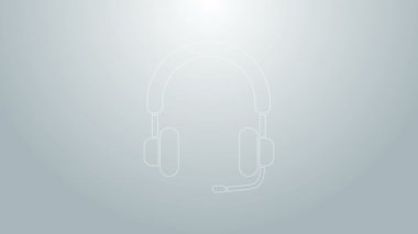 Mavi çizgi kulaklık simgesi gri arkaplanda izole edildi. Kulaklıklar. Müzik, hizmet, iletişim ve operatör konsepti. 4K Video hareketli grafik canlandırması