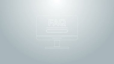 Gri arkaplan üzerinde SSS bilgi simgesi izole edilmiş mavi çizgi bilgisayar monitörü. Sık sık sorulan sorular. 4K Video hareketli grafik canlandırması
