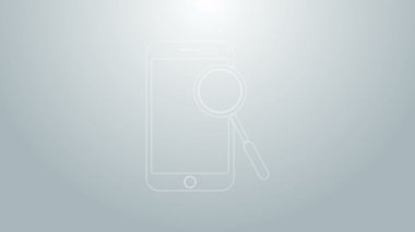 Mavi çizgi cep telefonu tanılama simgesi gri arkaplanda izole edildi. Uygulama, servis, ayar seçenekleri, bakım, onarım, onarım. 4K Video hareketli grafik canlandırması