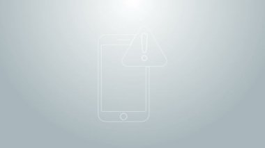 Gri arkaplanda ünlem işareti simgesi olan mavi çizgi cep telefonu. Uyarı mesajı akıllı telefon uyarısı. 4K Video hareketli grafik canlandırması