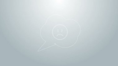 Gri arkaplanda hüzünlü bir gülümseme simgesi olan mavi çizgi konuşma balonu. Duygusal yüz ifadesi. 4K Video hareketli grafik canlandırması