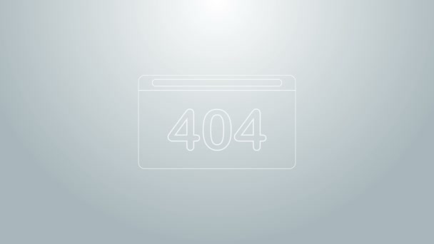 Страница синей линии со значком ошибки 404, выделенным на сером фоне. Шаблон сообщает, что страница не найдена. Видеографическая анимация 4K — стоковое видео