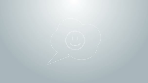 Linha azul Bolha de fala com ícone de rosto de sorriso isolado no fundo cinza. Emoticon sorridente. Feliz símbolo de chat sorridente. Animação gráfica em movimento de vídeo 4K — Vídeo de Stock