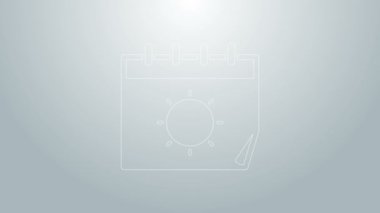 Mavi çizgi takvimi ve güneş ikonu gri arkaplanda izole edildi. Olay hatırlatma sembolü. 4K Video hareketli grafik canlandırması