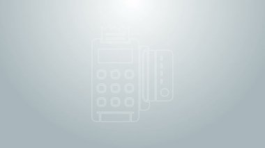 Gri arkaplanda mavi çizgi POS terminali, eklenmiş kredi kartı ve yazdırılmış alıcı simgesi var. NFC ödeme konsepti. 4K Video hareketli grafik canlandırması