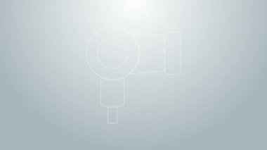Mavi çizgi saç kurutma ikonu gri arkaplanda izole edildi. Saç kurutma makinesi tabelası. Saç kurutma sembolü. Sıcak hava üflüyor. 4K Video hareketli grafik canlandırması