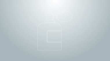 Mavi çizgili tıraş losyonu şişesi ve gri arka planda izole edilmiş atom ikonu. Parfüm spreyi ikonu. Erkek parfüm şişesi. 4K Video hareketli grafik canlandırması