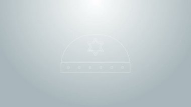 Mavi çizgi Yahudi kippah ve gri arkaplanda David 'in ikonu var. Yahudi şapkası. 4K Video hareketli grafik canlandırması