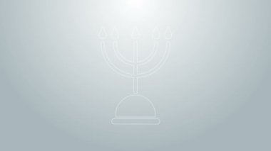 Mavi çizgi Hanuka menorah simgesi gri arkaplanda izole edildi. Geleneksel Hanuka sembolü. Tatil dini, Yahudi Işık Festivali. 4K Video hareketli grafik canlandırması