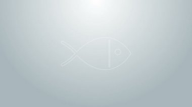 Mavi çizgi Hristiyan balık sembolü gri arkaplanda izole edilmiş. İsa 'nın balık sembolü. 4K Video hareketli grafik canlandırması