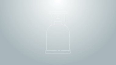 Mavi çizgi kamp gaz ocağı ikonu gri arka planda izole edildi. Taşınabilir gaz ocağı. Yürüyüş, kamp malzemeleri. 4K Video hareketli grafik canlandırması