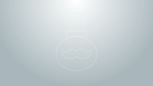 Blå linje Skägg och mustascher vård oljeflaska ikon isolerad på grå bakgrund. Glasflaska med pipett. 4K Video motion grafisk animation — Stockvideo