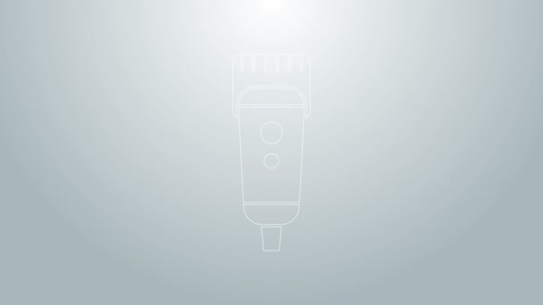 Blaue Linie Elektrische Haarschneidemaschine oder Rasierer Symbol isoliert auf grauem Hintergrund. Barbershop-Symbol. 4K Video Motion Grafik Animation — Stockvideo