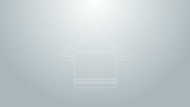 Línea azul Toalla sobre una percha icono aislado sobre fondo gris. Icono de toalla de baño. Animación gráfica de vídeo 4K — Vídeo de stock