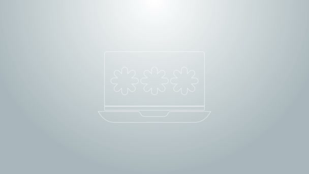 Línea azul Laptop con el icono de notificación de contraseña aislado sobre fondo gris. Seguridad, acceso personal, autorización de usuario, formulario de acceso. Animación gráfica de vídeo 4K — Vídeos de Stock