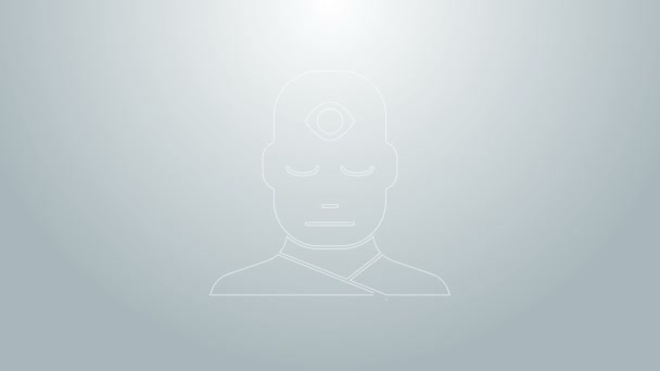 Modrá čára Muž s ikonou třetího oka izolované na šedém pozadí. Koncept meditace, vize energie, aury. Grafická animace pohybu videa 4K — Stock video