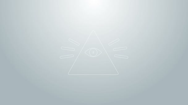 Línea azul Masones símbolo Ojo omnisciente de Dios icono aislado sobre fondo gris. El ojo de la Providencia en el triángulo. Animación gráfica de vídeo 4K — Vídeo de stock