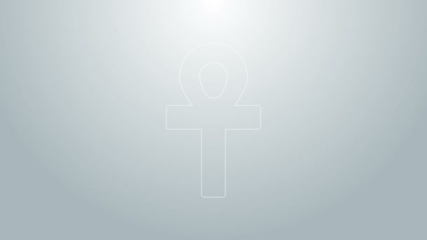 Modrá čára Kříž ankh ikona izolované na šedém pozadí. Grafická animace pohybu videa 4K — Stock video