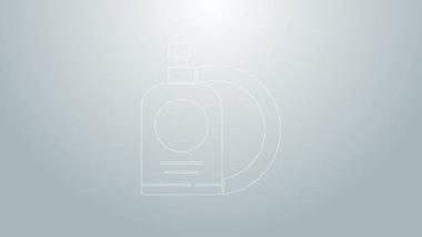 Mavi çizgi bulaşık suyu şişesi ve plaka simgesi gri arka planda izole edilmiş. Bulaşık yıkamak için sıvı deterjan. 4K Video hareketli grafik canlandırması