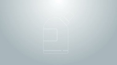 Mavi çizgi. Çamaşır deterjanı, çamaşır suyu, bulaşık deterjanı ya da gri arka planda izole edilmiş başka bir temizlik maddesi ikonu için plastik şişe. 4K Video hareketli grafik canlandırması