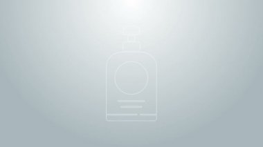 Mavi çizgi El dezenfektanı, gri arka planda izole edilmiş. Dezenfeksiyon konsepti. Yıkama jeli. Hijyen için alkol şişesi. 4K Video hareketli grafik canlandırması