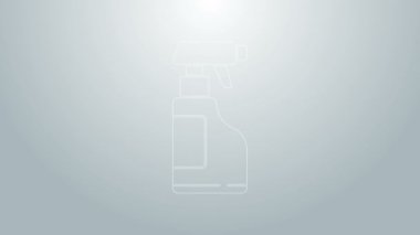 Mavi çizgi temizleme sprey şişesi ve gri arka planda izole edilmiş deterjan likörü. 4K Video hareketli grafik canlandırması