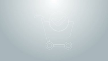Gri arkaplanda işaret simgesi olan mavi çizgi alışveriş arabası. Süpermarket sepeti onaylandı, onaylandı, tik takıldı, tamamlandı. 4K Video hareketli grafik canlandırması