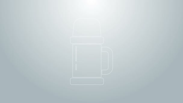 Línea azul Icono del contenedor Thermos aislado sobre fondo gris. Icono de termo frasco. Equipo de camping y senderismo. Animación gráfica de vídeo 4K — Vídeos de Stock