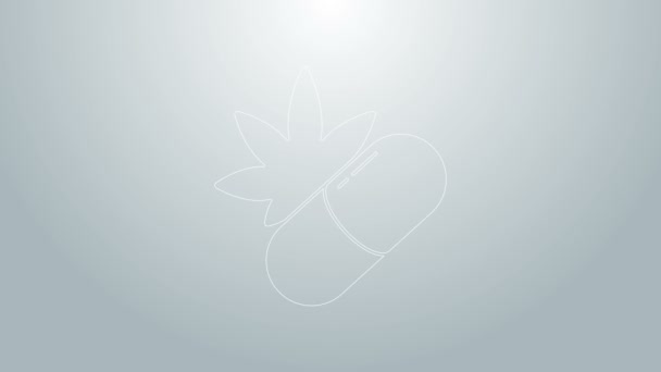 青い線灰色の背景に隔離されたマリファナや大麻の葉のアイコンを持つ医療用丸薬。瓶の中の大麻油抽出物のモックアップ。4Kビデオモーショングラフィックアニメーション — ストック動画