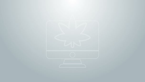 Kék vonal Számítógépes monitor és orvosi marihuána vagy cannabis levél ikon elszigetelt szürke alapon. Online vásárlás. Szupermarket kosár. 4K Videó mozgás grafikus animáció — Stock videók