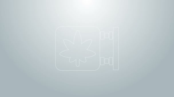 Linha azul Ícone de loja de maconha e maconha isolado em fundo cinza. Equipamentos e acessórios para fumar, armazenar cannabis medicinal. Animação gráfica em movimento de vídeo 4K — Vídeo de Stock