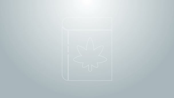 Linha azul Livro e maconha ou ícone de folha de cannabis isolado em fundo cinza. Símbolo de cânhamo. Animação gráfica em movimento de vídeo 4K — Vídeo de Stock