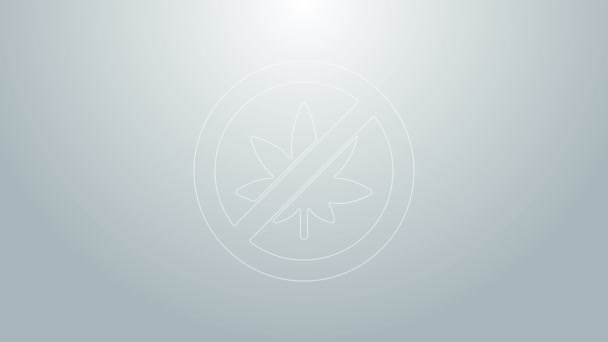 Blue line Stop marijuana or cannabis leaf icon isolated on grey background. No smoking marijuana. Hemp symbol. 4K Video motion graphic animation — Stock Video