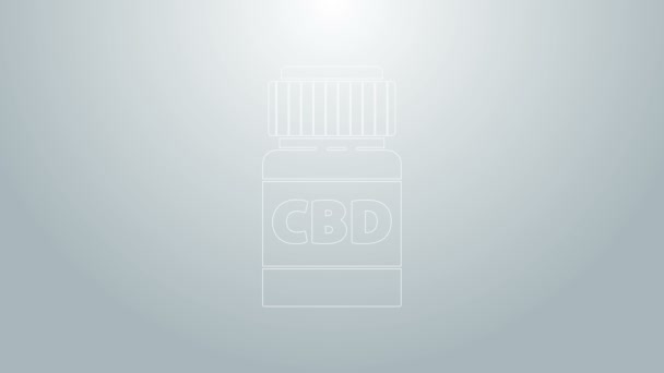 Modrá čára Lékařská láhev s marihuanou nebo konopným listem ikony izolované na šedém pozadí. Vysmívat se výtažkům z konopného oleje ve sklenicích. Grafická animace pohybu videa 4K — Stock video