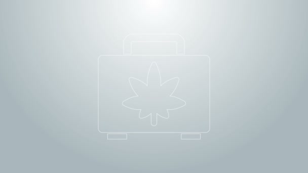 Blaue Linie Einkaufsschachtel mit medizinischem Marihuana oder Cannabisblatt auf grauem Hintergrund isoliert. Cannabis kaufen. Hanf-Symbol. 4K Video Motion Grafik Animation — Stockvideo