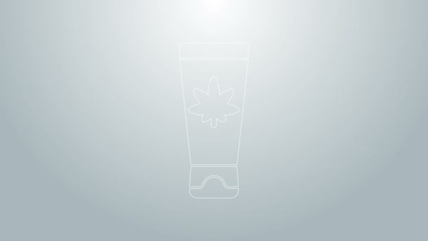 Línea azul Crema médica con marihuana o icono de hoja de cannabis aislado sobre fondo gris. Simulación de extractos de aceite de cannabis en frascos. Animación gráfica de vídeo 4K — Vídeo de stock