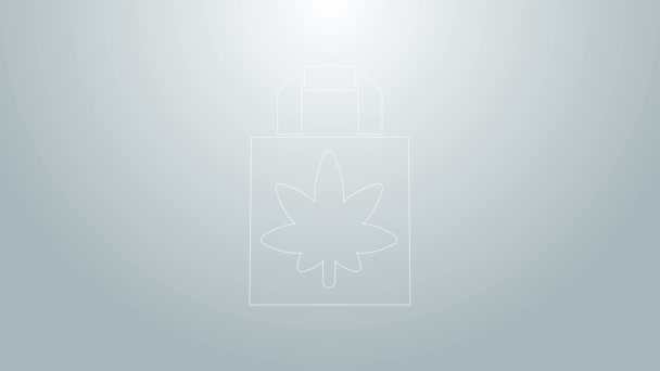 Linea blu Sacchetto di carta shopping di marijuana medica o icona di foglie di cannabis isolata su sfondo grigio. Comprare cannabis. Simbolo di canapa. Animazione grafica 4K Video motion — Video Stock