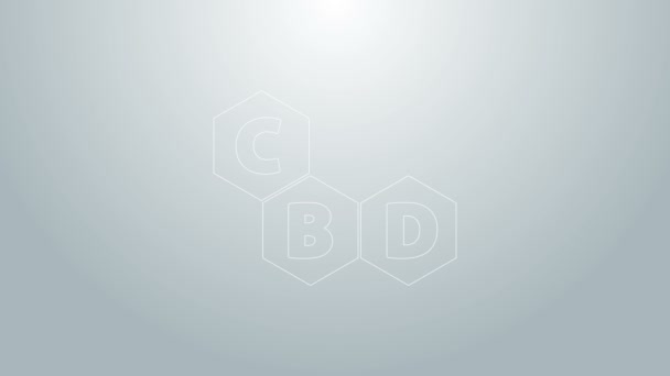 Línea azul Icono de molécula de cannabis aislado sobre fondo gris. Estructuras moleculares de cannabidiol, THC y fórmula CBD. Signo de marihuana. Animación gráfica de vídeo 4K — Vídeos de Stock