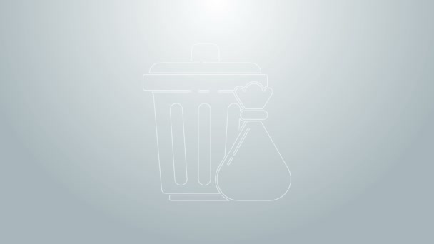 Línea azul Papelera y bolsa de basura icono aislado sobre fondo gris. Cartel de basura. Reciclar icono de cesta. Icono de basura de oficina. Animación gráfica de vídeo 4K — Vídeo de stock