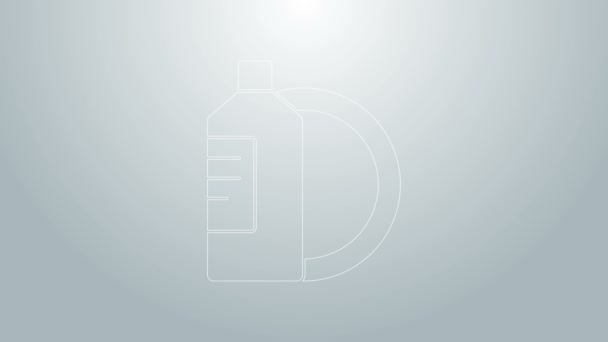 Modrá čára Mytí nádobí tekuté láhve a deska ikona izolované na šedém pozadí. Tekutý prací prášek na mytí nádobí. Grafická animace pohybu videa 4K — Stock video