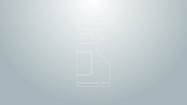 Línea azul Botella pulverizadora de limpieza con detergente icono líquido aislado sobre fondo gris. Animación gráfica de vídeo 4K — Vídeos de Stock