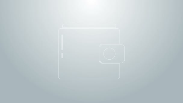 Ikona Modrá čára Peněženka izolovaná na šedém pozadí. Ikona kabelky. Symbol peněžních úspor. Grafická animace pohybu videa 4K — Stock video