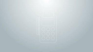 Gri arkaplanda mavi çizgi POS terminali, eklenmiş kredi kartı ve yazdırılmış alıcı simgesi var. NFC ödeme konsepti. 4K Video hareketli grafik canlandırması