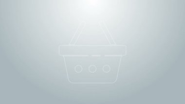 Mavi çizgi alışveriş sepeti simgesi gri arkaplanda izole edildi. İnternetten satın alma konsepti. Servis tabelası. Alışveriş arabası sembolü. 4K Video hareketli grafik canlandırması