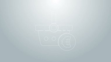 Mavi çizgi alışveriş sepeti ve avro sembolü gri arka planda izole edilmiş. İnternetten satın alma konsepti. Teslimat servisi. Alışveriş arabası. 4K Video hareketli grafik canlandırması
