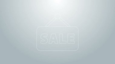 Mavi çizgi asma işareti ve gri arkaplanda izole edilmiş metin satışı simgesi. Mesaj indirimli tabela. 4K Video hareketli grafik canlandırması
