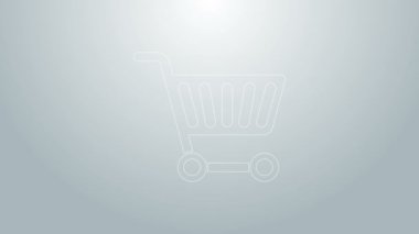 Mavi çizgi alışveriş arabası simgesi gri arka planda izole edildi. İnternetten satın alma konsepti. Servis tabelası. Süpermarket sepeti sembolü. 4K Video hareketli grafik canlandırması