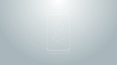 Gri arkaplanda dolar sembolü olan mavi çizgi akıllı telefon. İnternetten alışveriş konsepti. Finansal cep telefonu. Çevrimiçi ödeme. 4K Video hareketli grafik canlandırması
