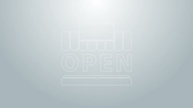 Mavi Hat Alışveriş binası ya da market ve açık simge gri arka planda izole edilmiş. Dükkan inşaatı. 4K Video hareketli grafik canlandırması